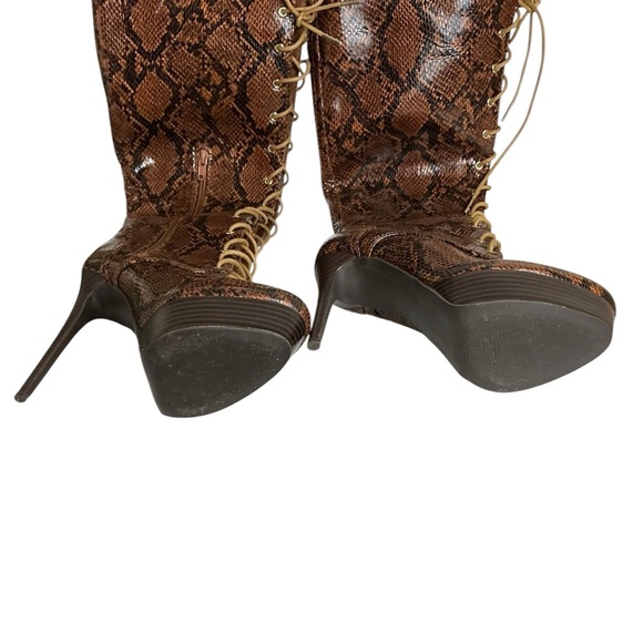 Noela Brown Snakeskin Lace Up Knee High Platform Stiletto Boots Zip Side 7.50 - Picture 11 of 16